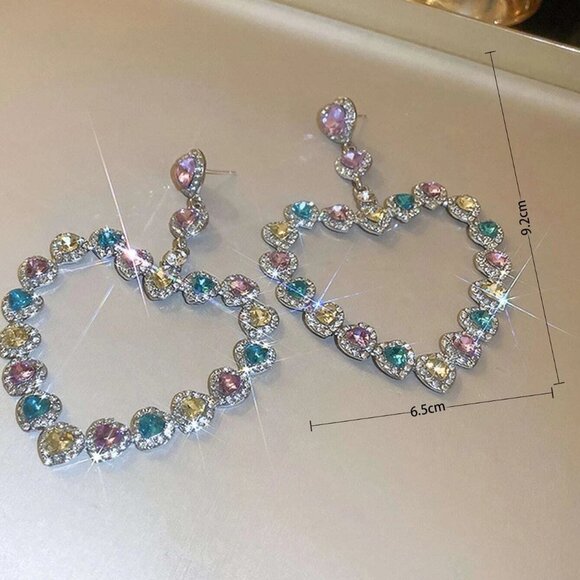 Silver Boho Womens Rhinestone Heart Decor Earrings - Picture 4 of 4